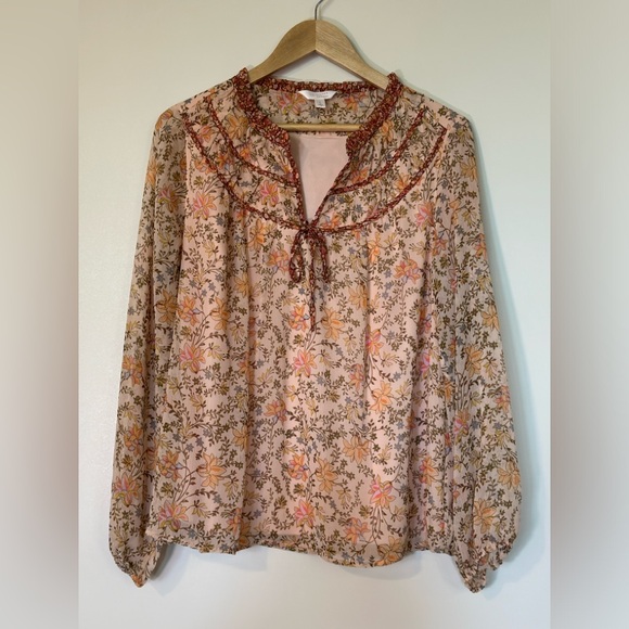 LC Lauren Conrad Tops - Lauren Conrad Size Large Pink Orange Floral Boho Blouse Long Sleeve Lagenlook